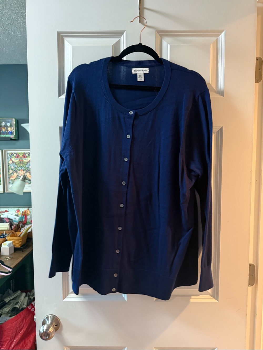 Lands' End Deep Navy Button-Front Crewneck Cardigan